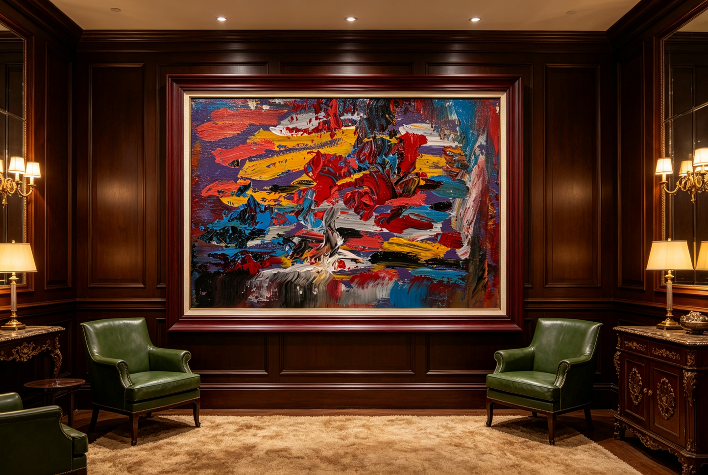 Textured abstract oil painting with thick red, yellow and blue strokes on purple ground