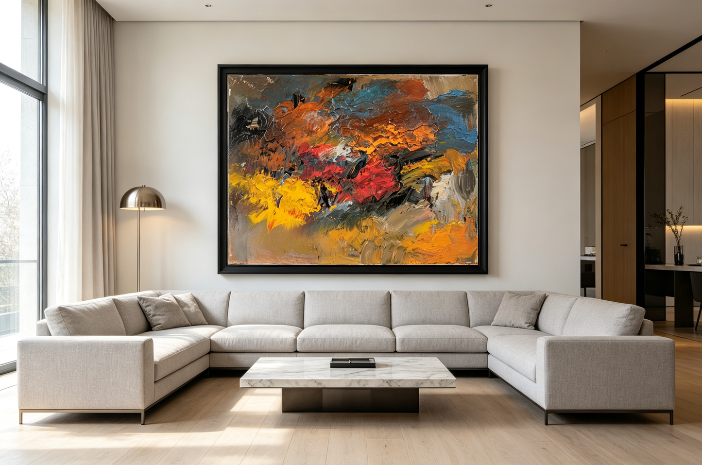 Abstract oil painting with warm orange, red and blue patches on earthy brown ground