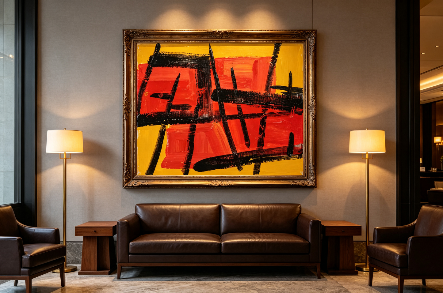 Abstract oil painting with red rectangles, yellow background and black grid lines