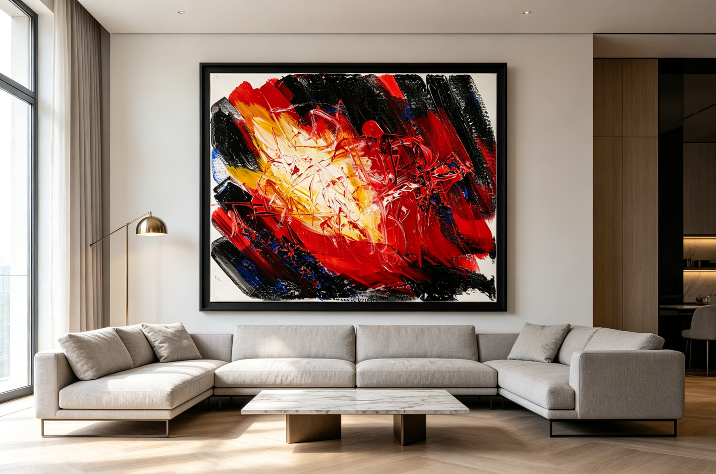 Abstract oil painting with thick red, black, and gold brushstrokes swirling around a bright cream center