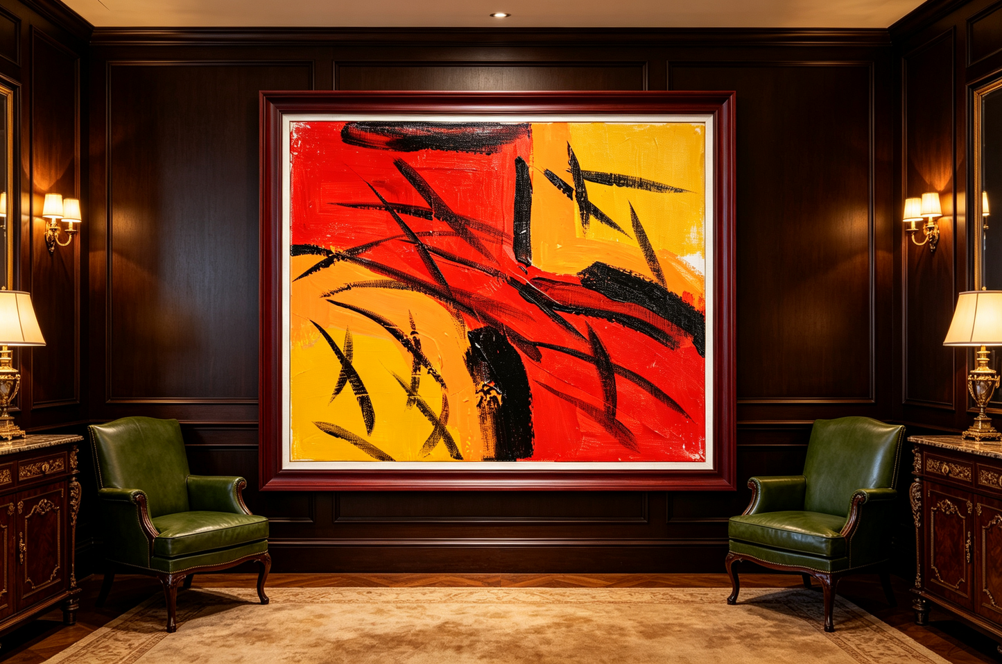 Abstract oil painting with black bamboo-like strokes sweeping across red and yellow color fields
