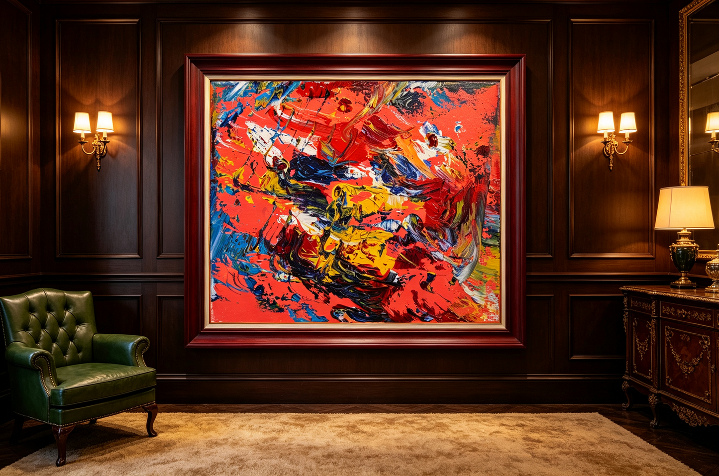 Textured abstract oil painting with blue, yellow, and white palette knife strokes over a coral red ground
