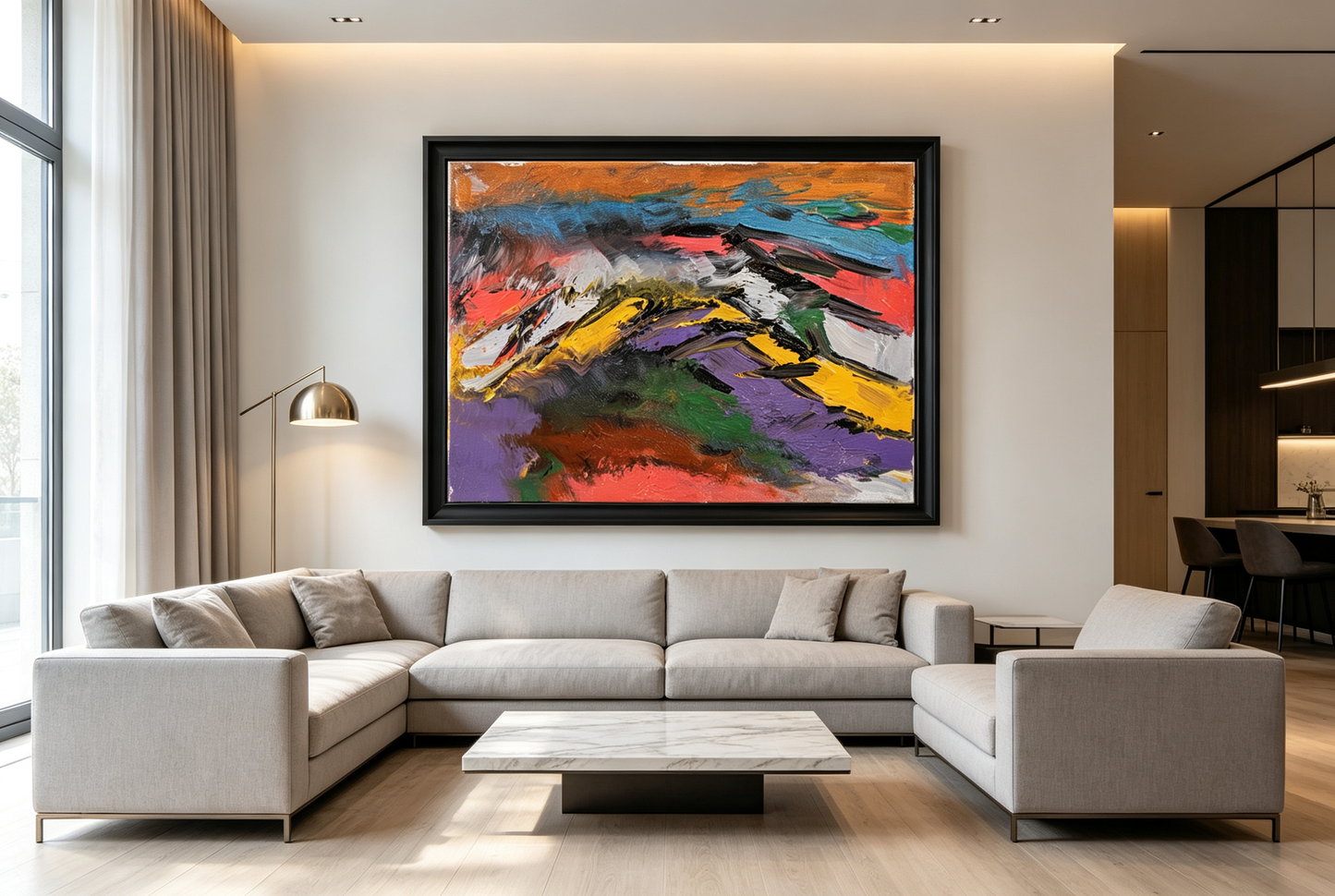 Abstract landscape oil painting with violet and ochre fields and sweeping strokes suggesting layered mountain ridges