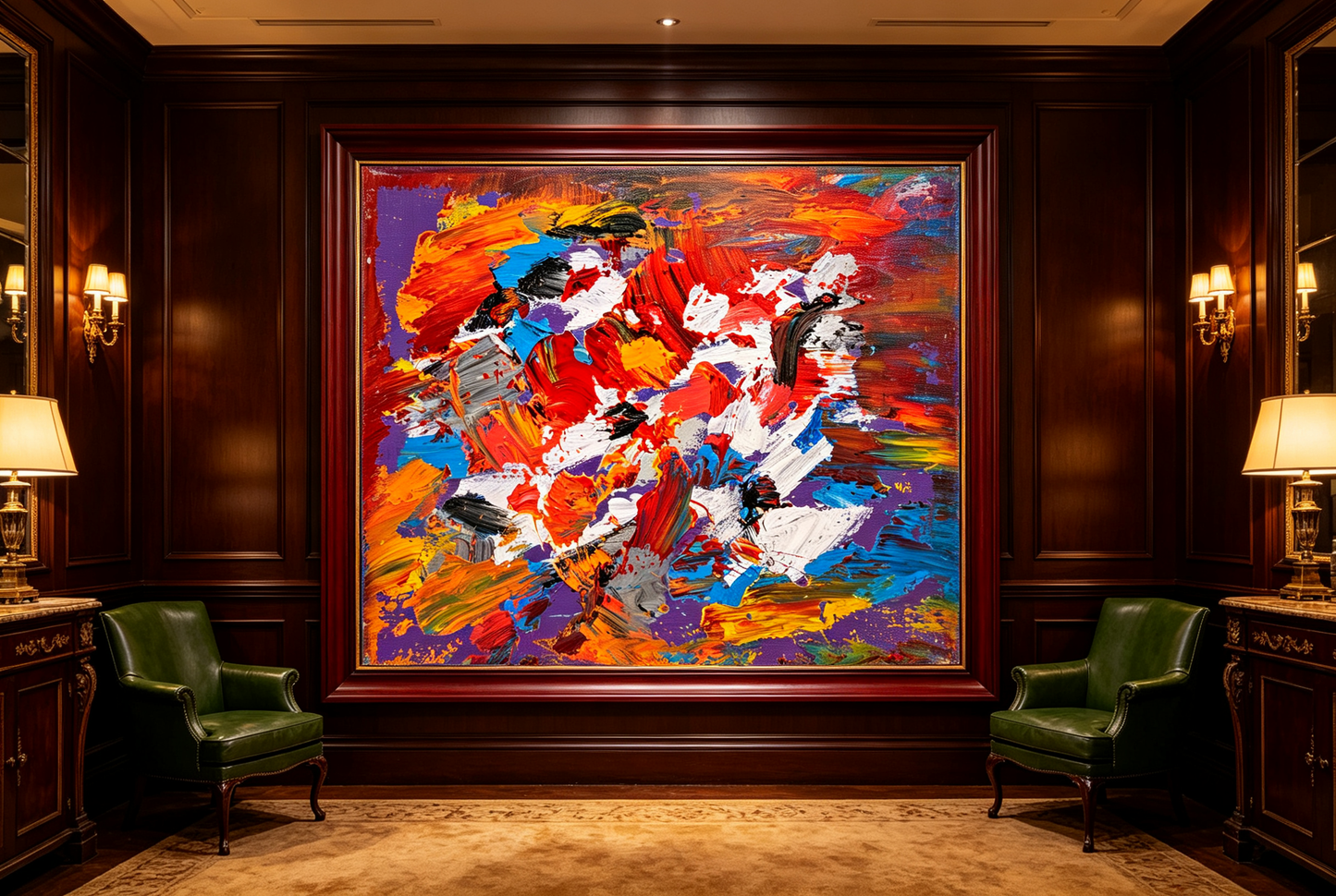 Abstract oil painting with red, blue, white, and orange fragments scattered over a violet and brown ground