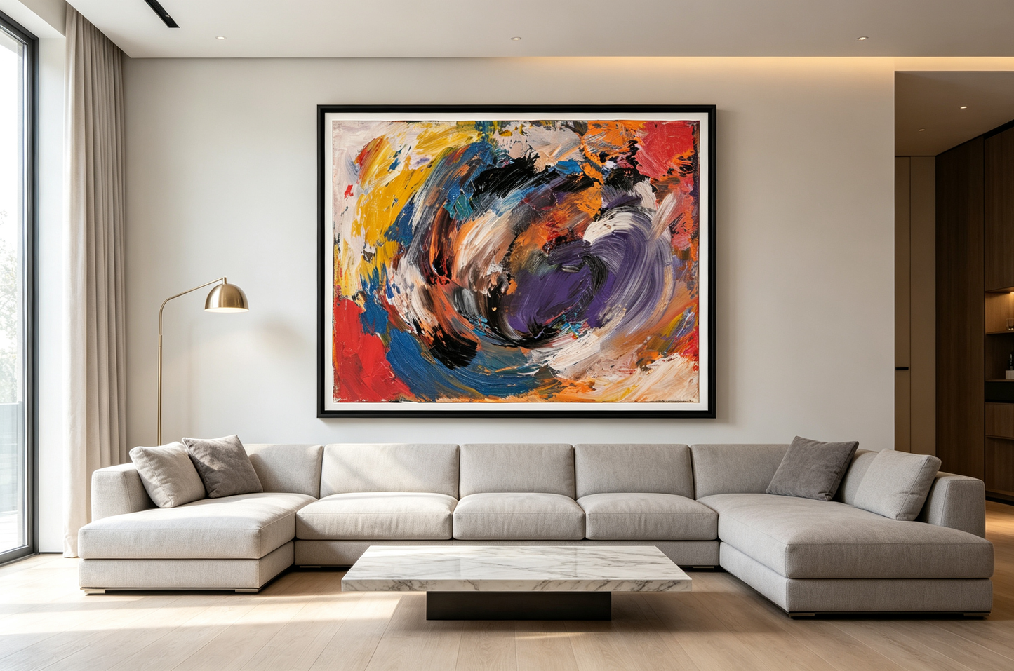 Abstract oil painting with swirling purple, black, gold, red, and blue brushstrokes