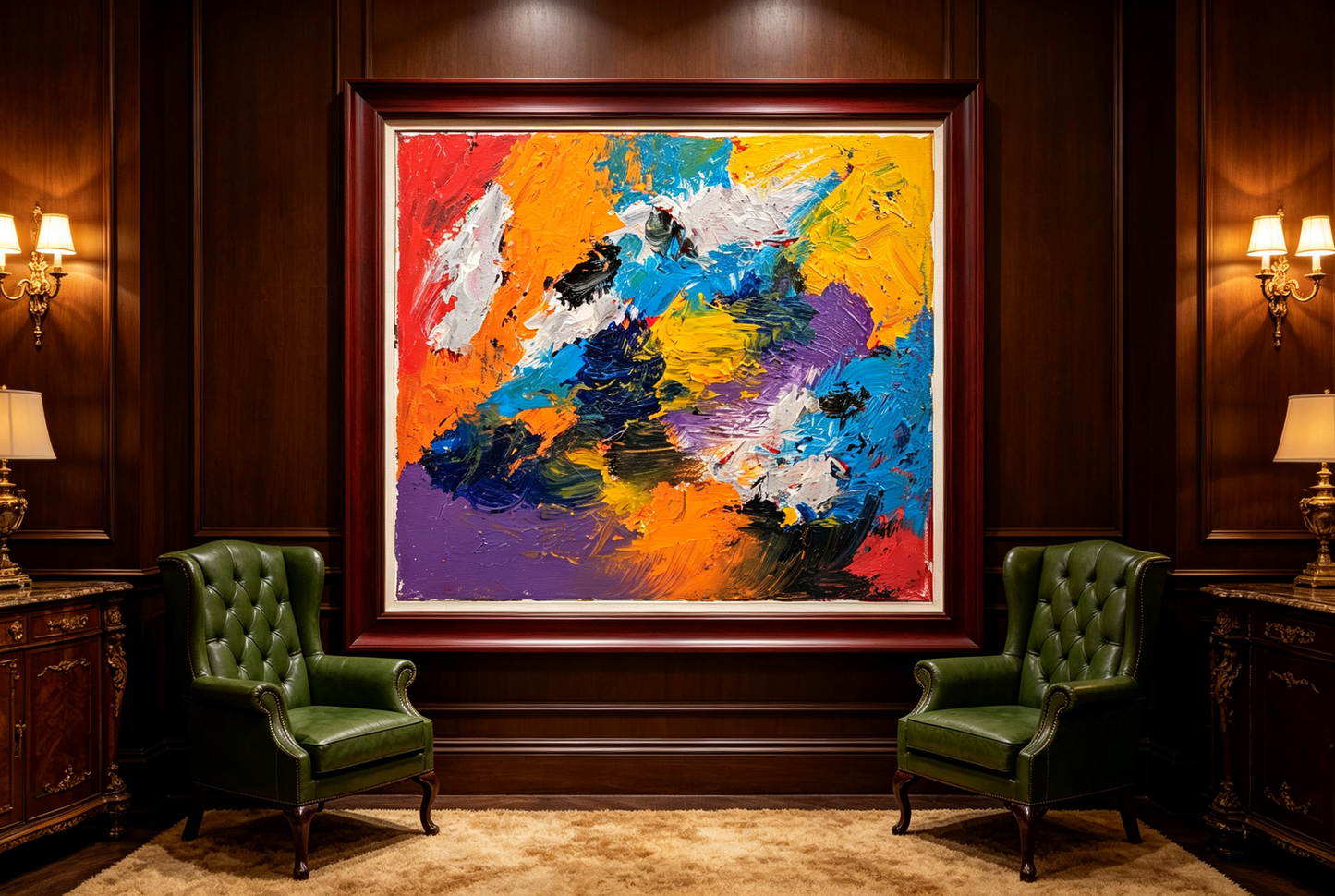 Abstract oil painting with bold blocks of orange, red, cobalt blue, violet, and black