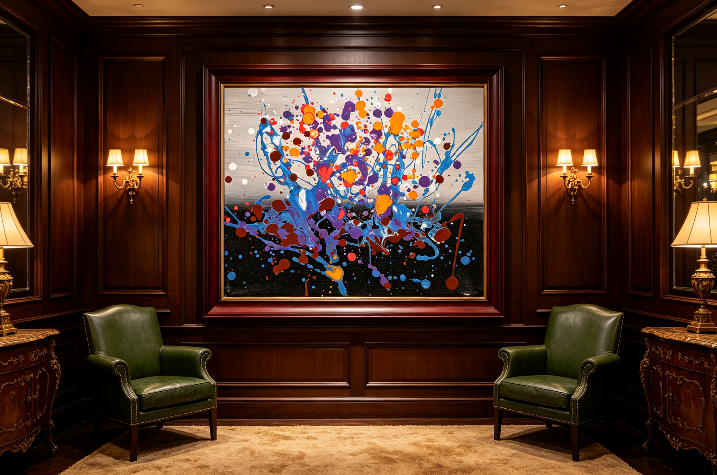 Abstract oil painting with blue drips and orange violet splatters on gray black ground