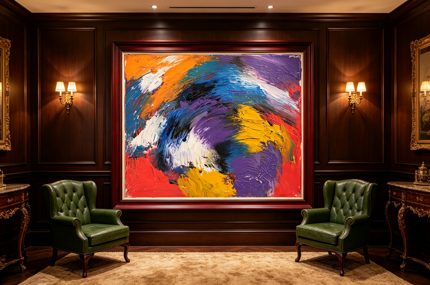 Vibrant abstract oil painting with swirling orange blue violet yellow strokes on red