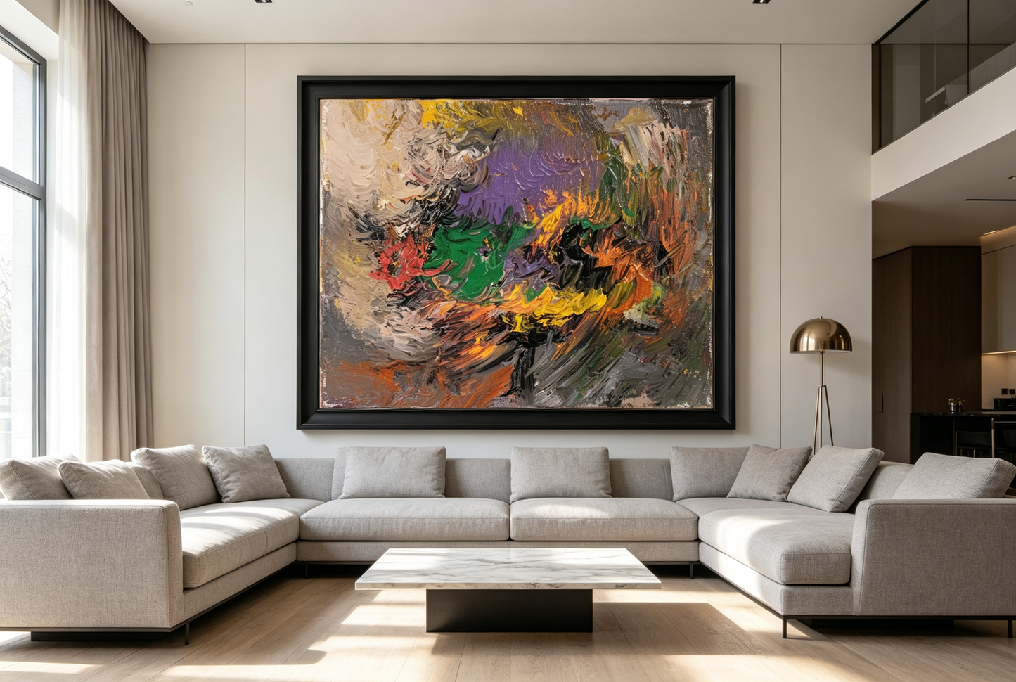 Impasto abstract oil painting with green yellow violet strokes on gray brown ground