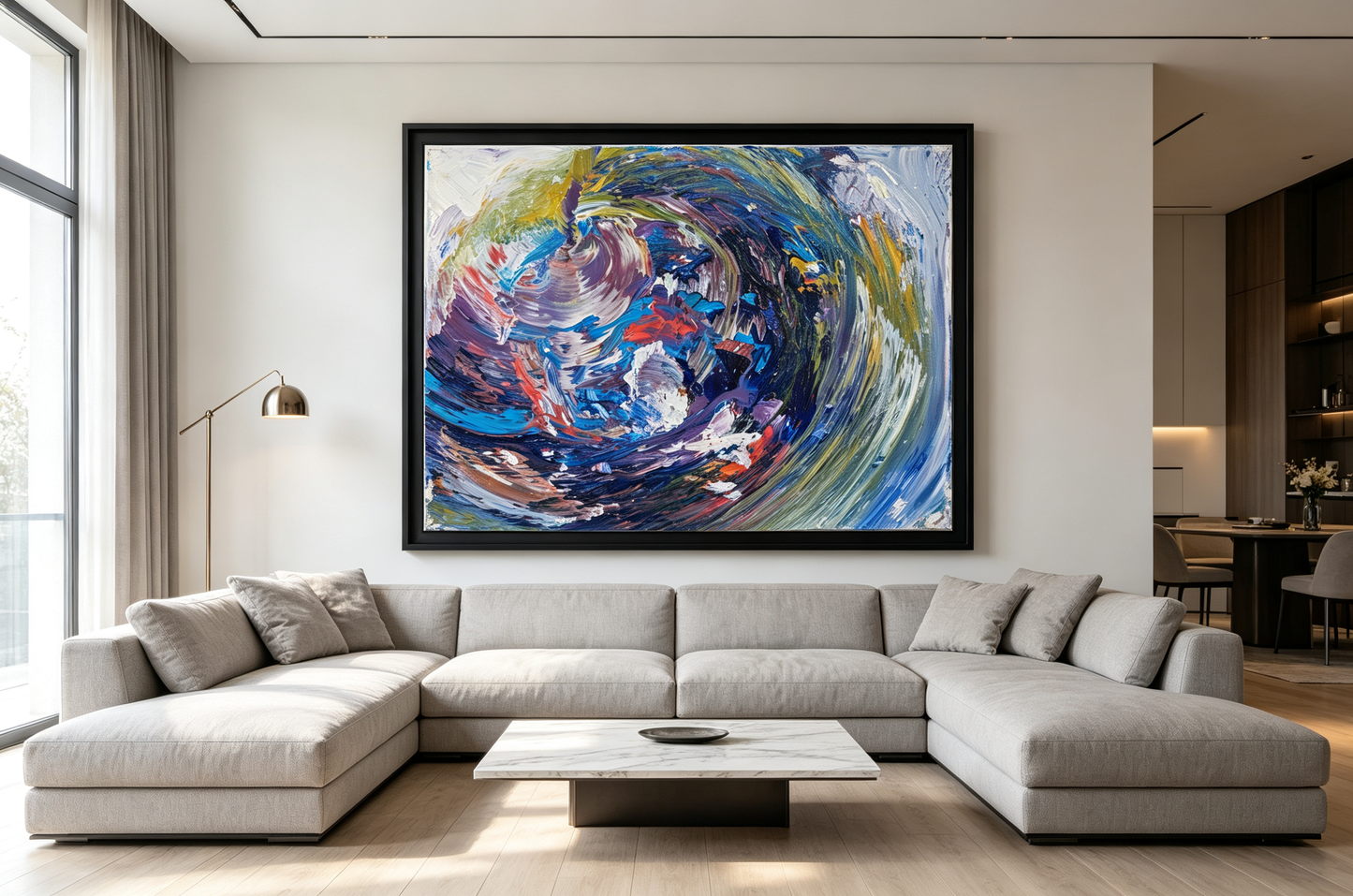 Abstract oil painting with swirling strokes of blue, purple, green, red, and yellow in a vortex composition