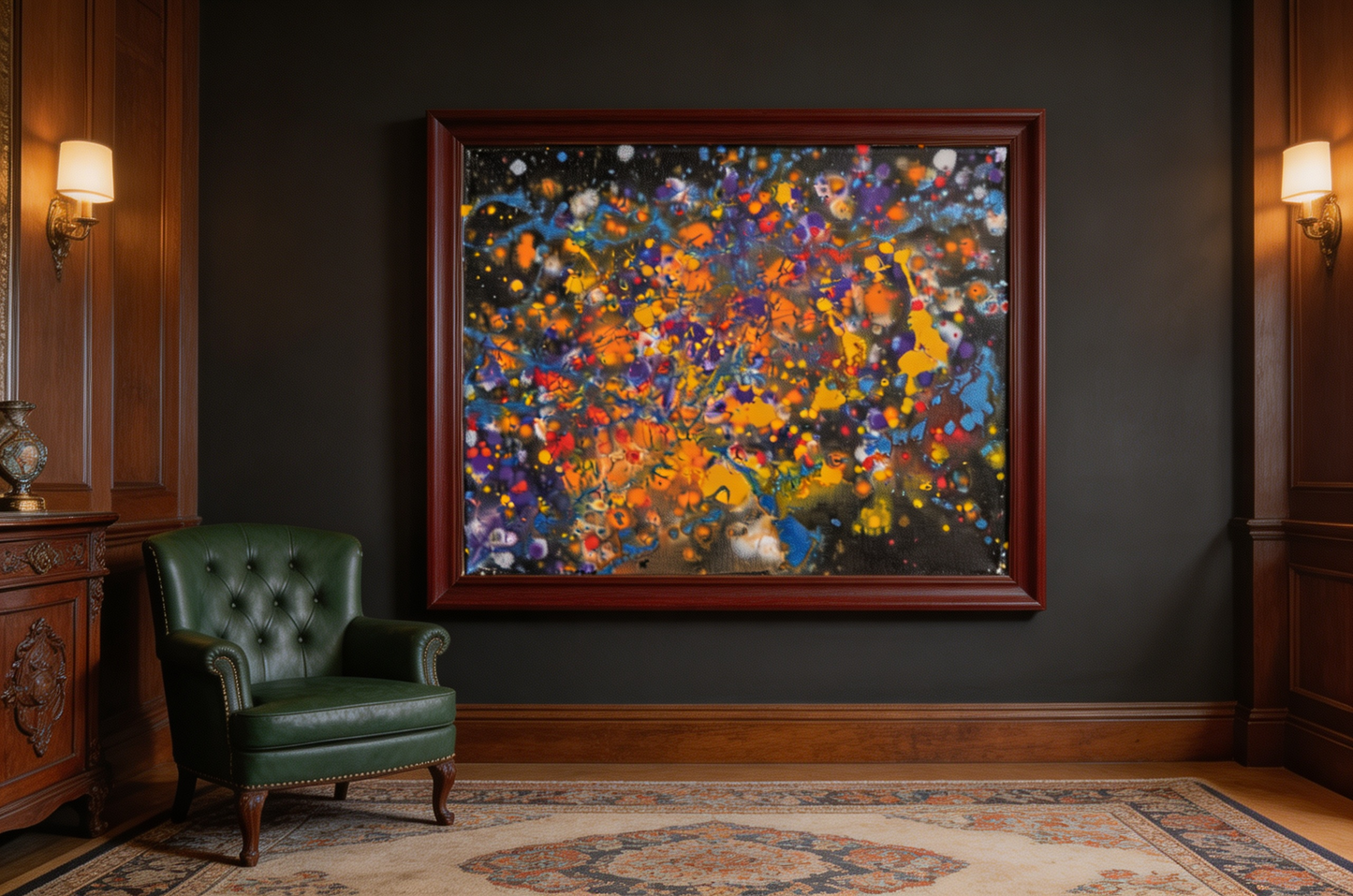 Abstract oil painting with dense speckles of orange, yellow, blue, violet, and red scattered across a dark ground
