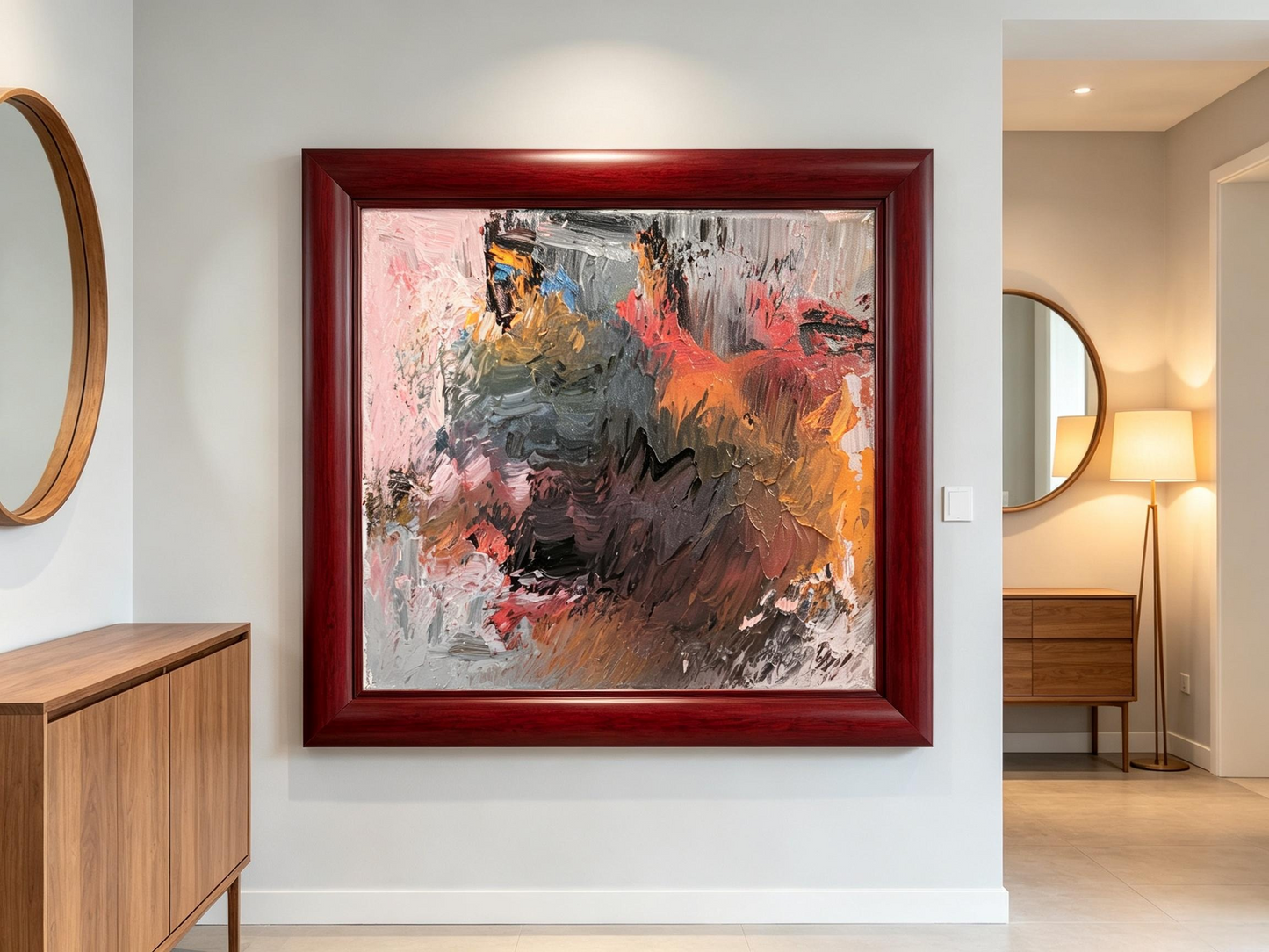 Abstract oil painting in soft pink, grey, and ochre with blended strokes and darker central forms