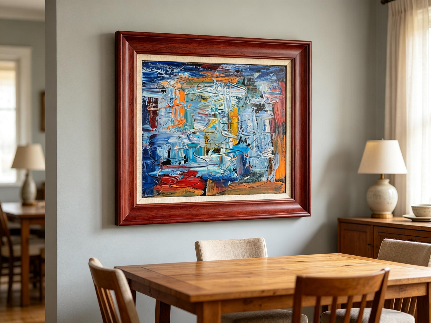 Blue abstract oil painting with white sweeping strokes and orange line accents