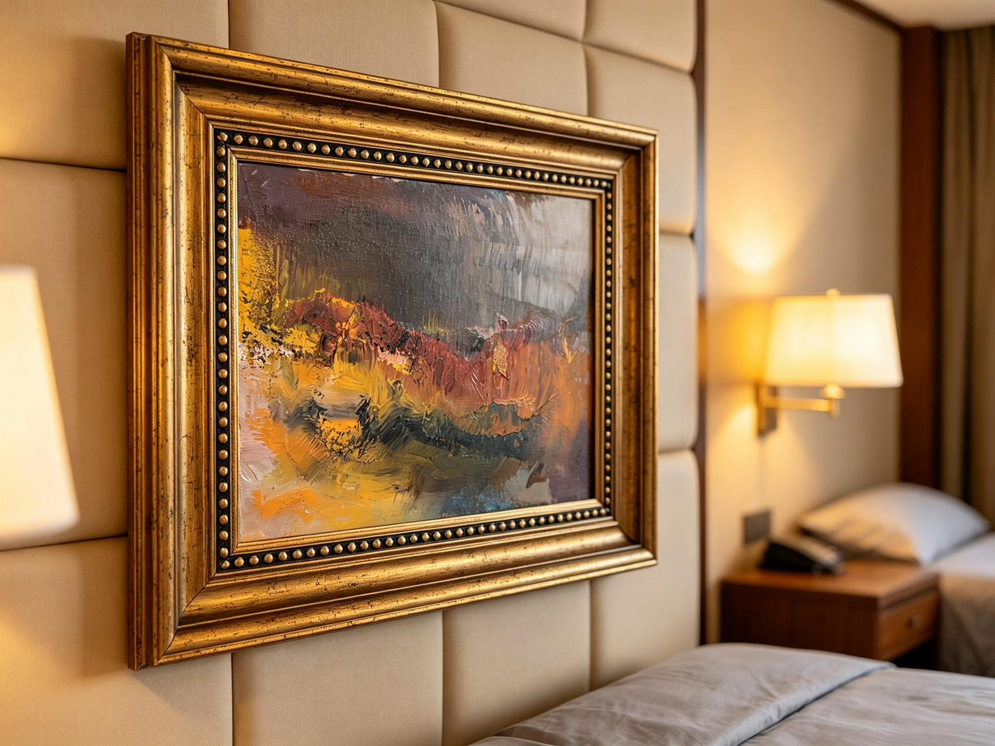 Abstract oil painting in soft brown, purple, and warm orange blended tones