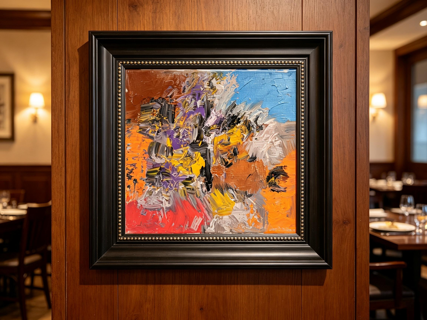 Abstract oil painting with orange ground, black and purple strokes, and blue accent