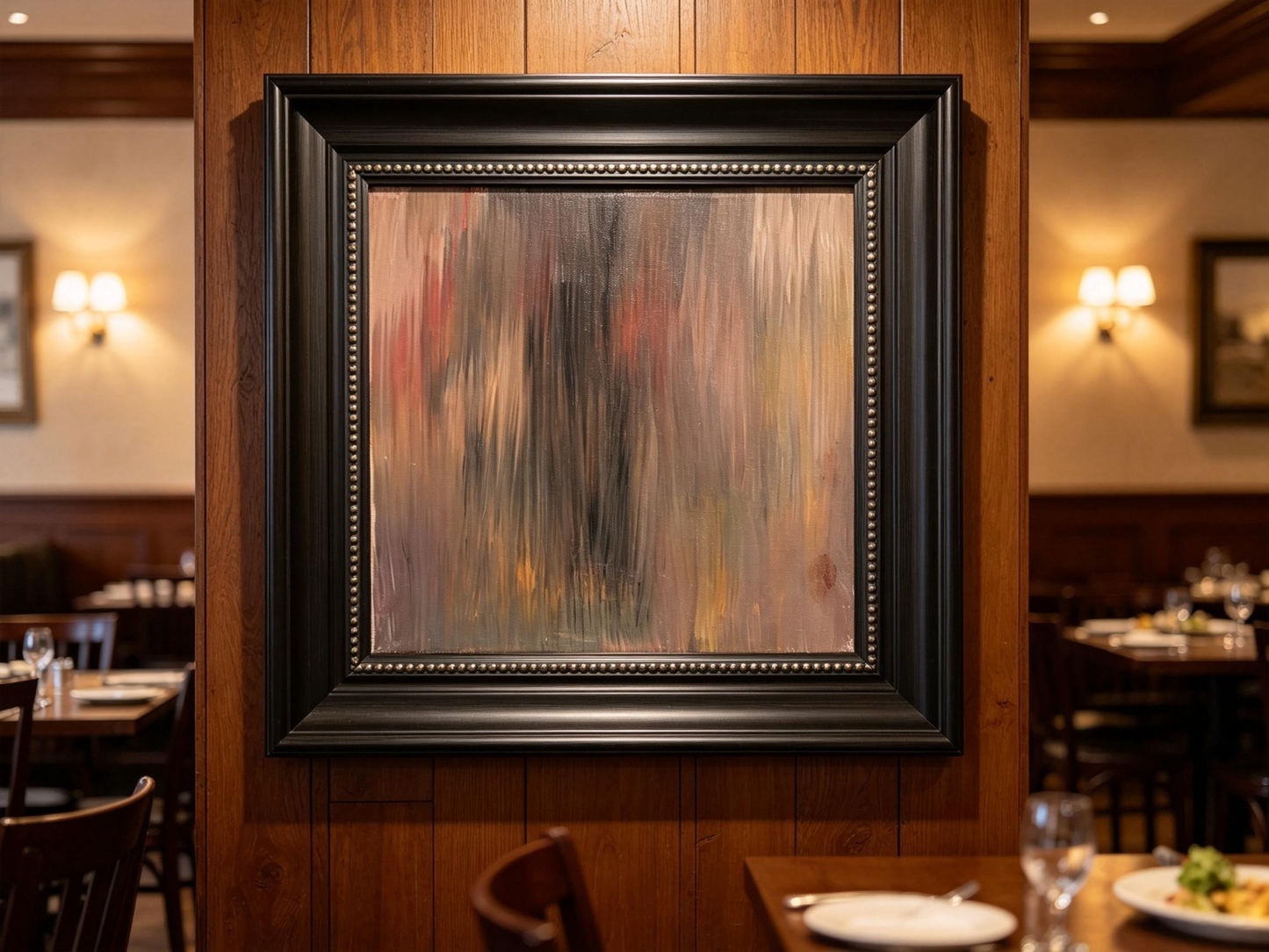 Abstract oil painting with vertical strokes in layered browns, grays, and muted reds