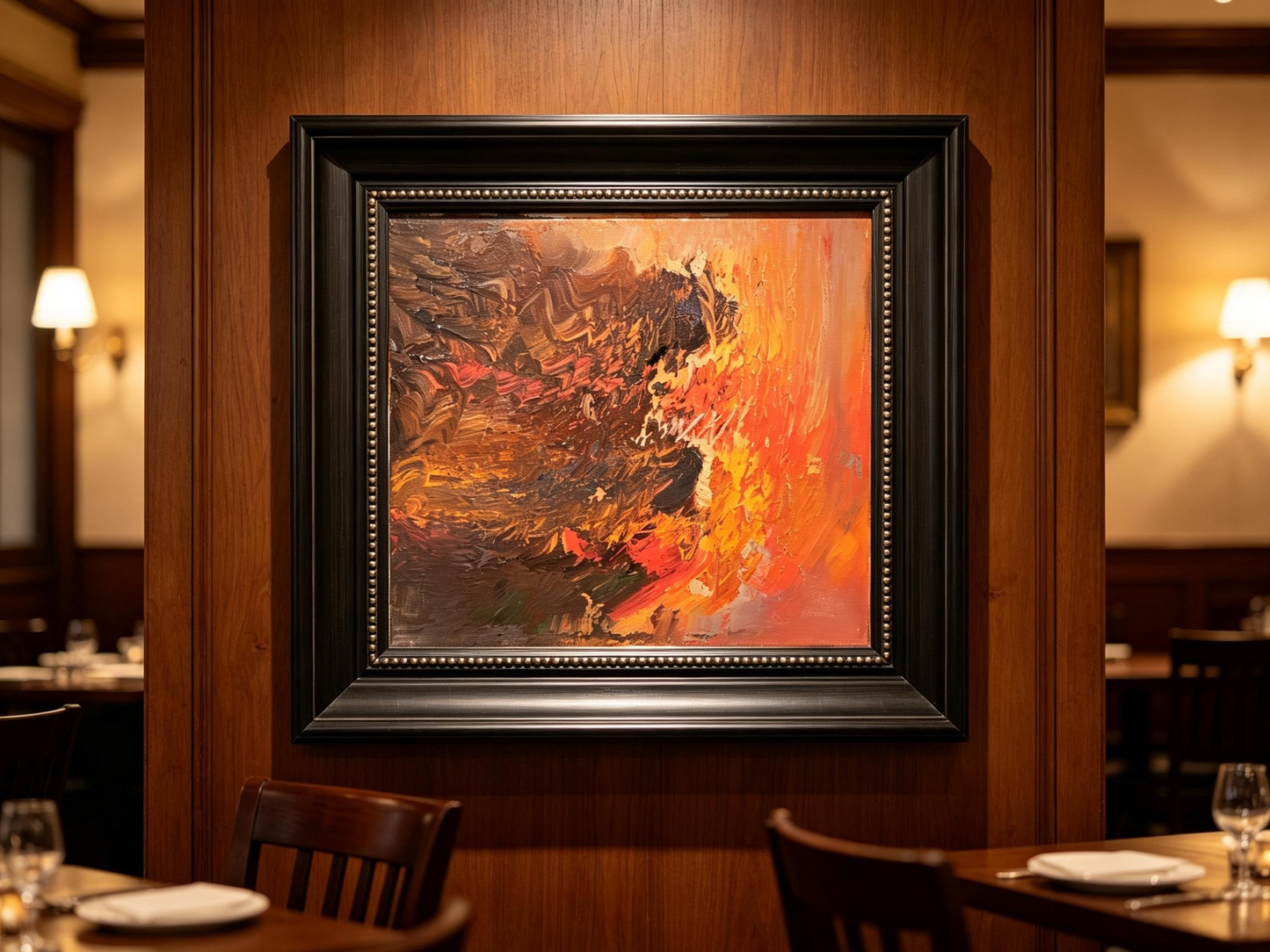 Abstract oil painting with dark brown textured strokes on left and warm orange coral gradient on right
