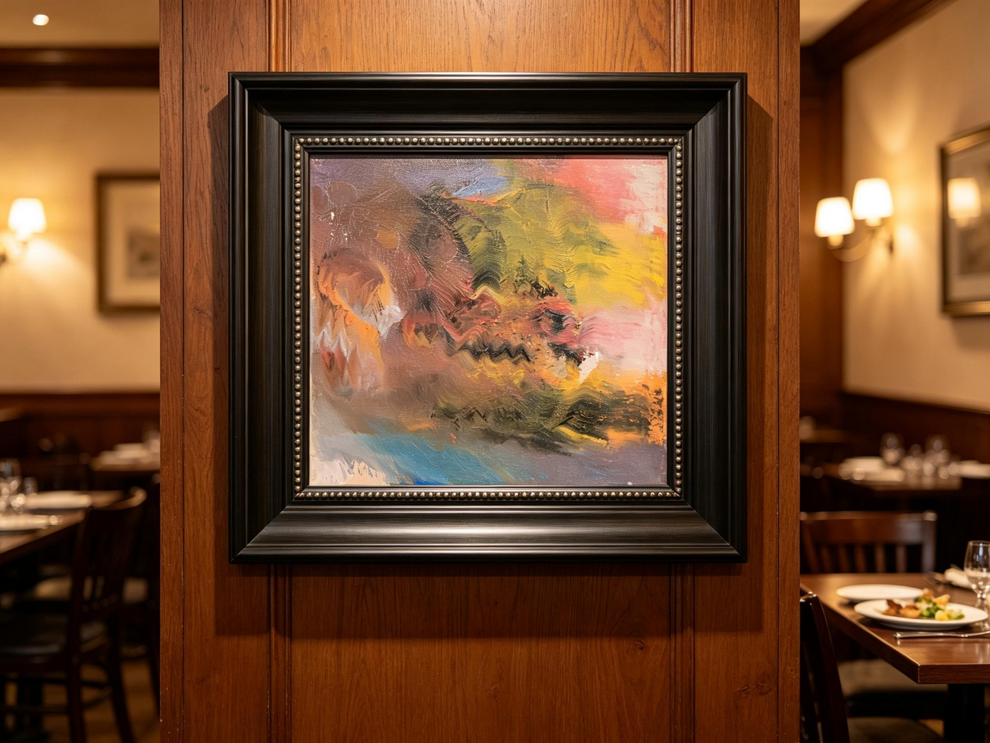 Soft abstract oil painting with blended pink, lavender, olive green, and yellow tones creating dreamy effect