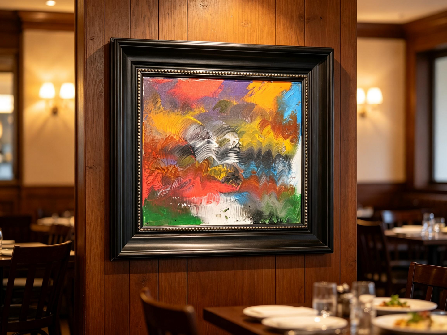 Vibrant abstract oil painting with bold multicolor fan-shaped strokes and central gray-white flow