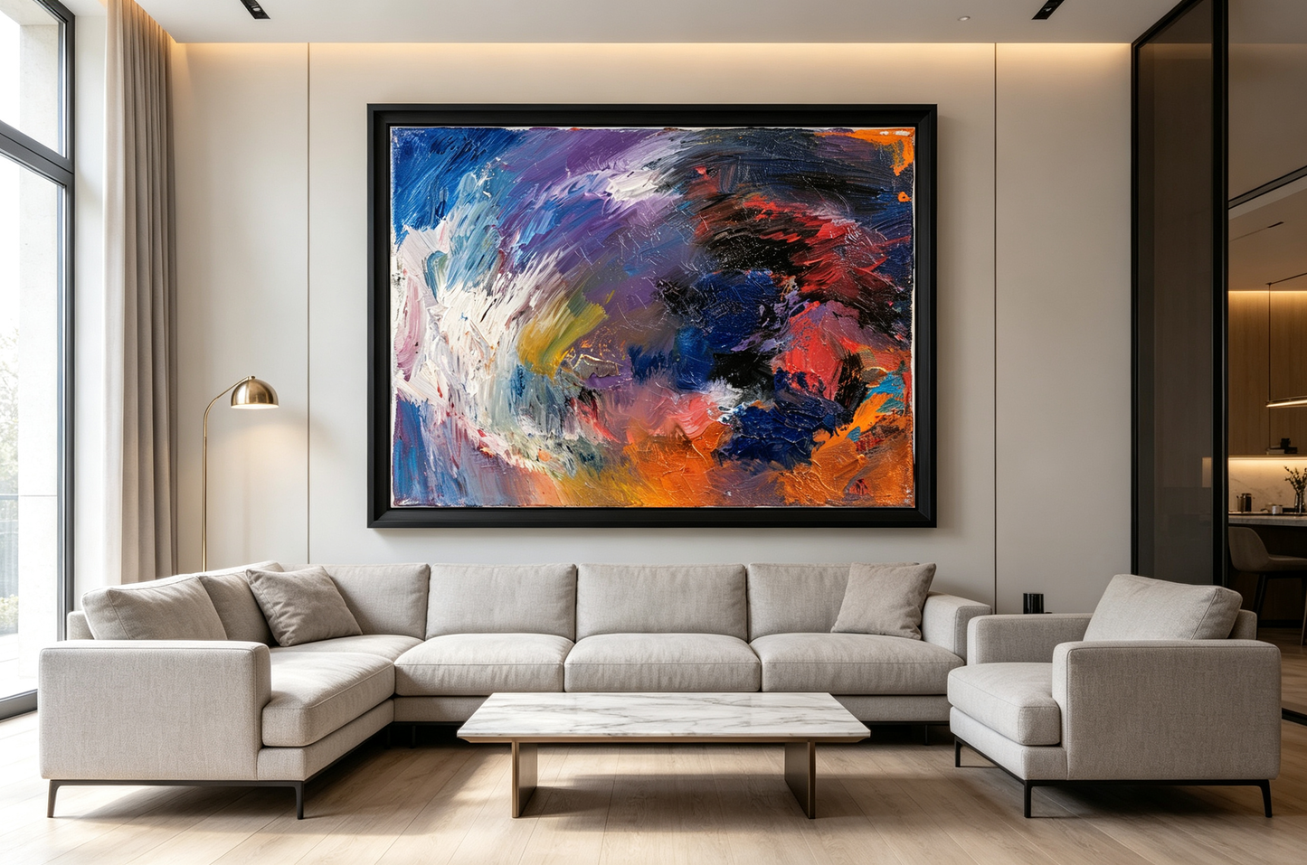 Colorful abstract oil painting with blue, purple, orange and sweeping white strokes