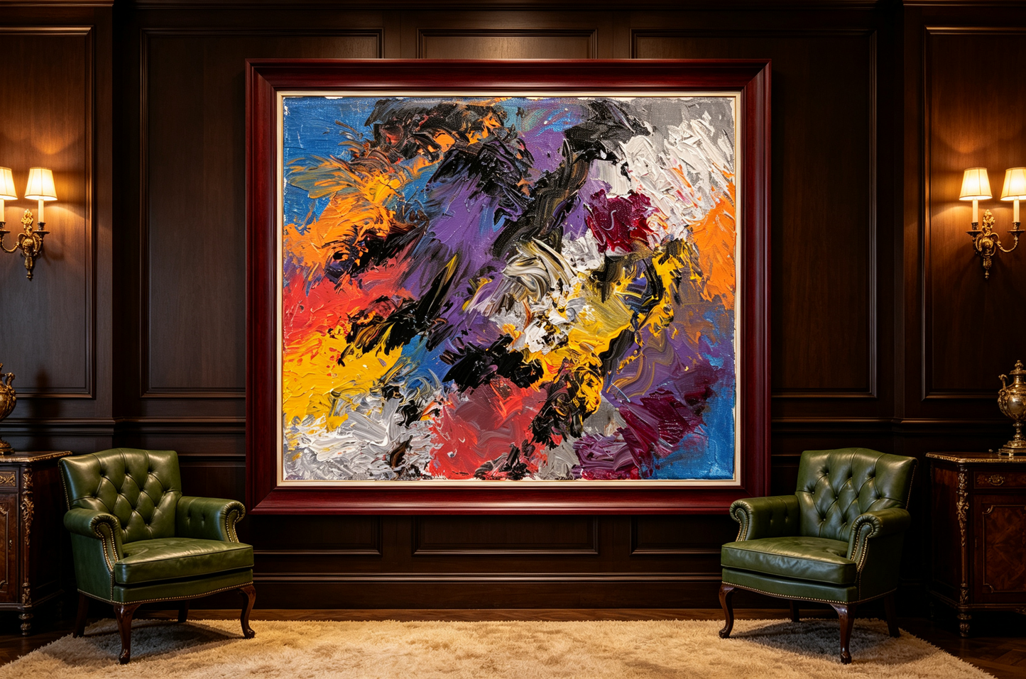 Abstract oil painting with black diagonal strokes over cobalt, orange, and violet fields
