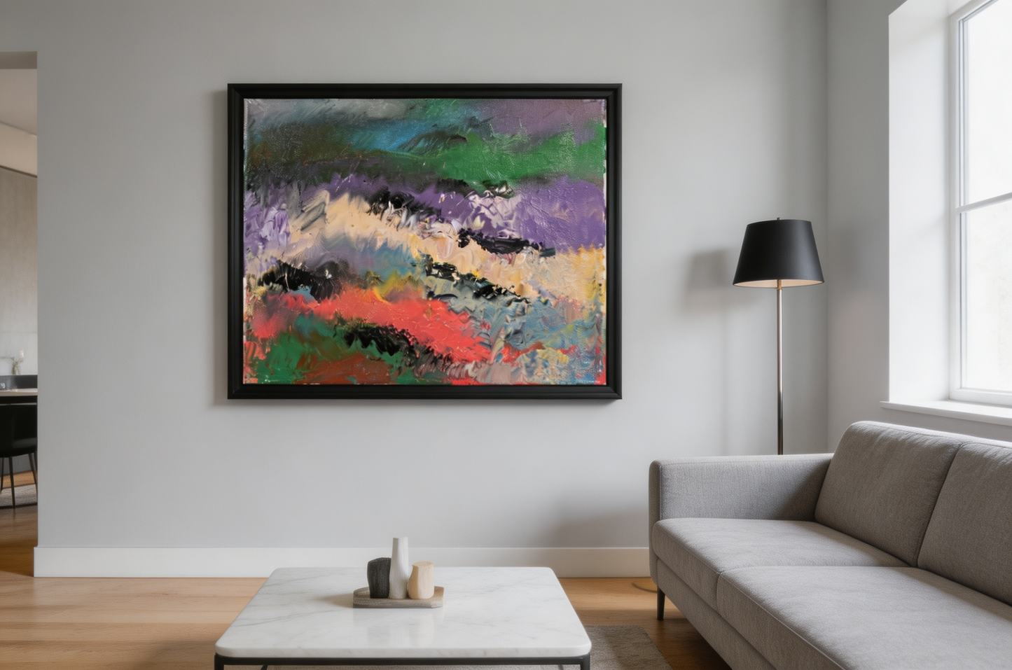 Abstract oil painting with layered green, violet, cream, and crimson horizon-like bands