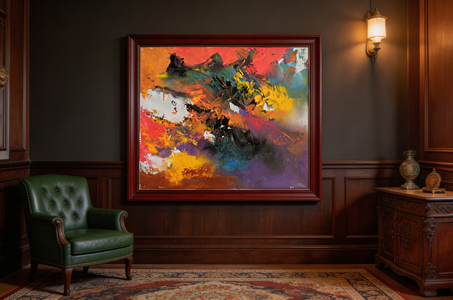 Abstract oil painting with swirling dark strokes over warm orange-red ground with yellow accents