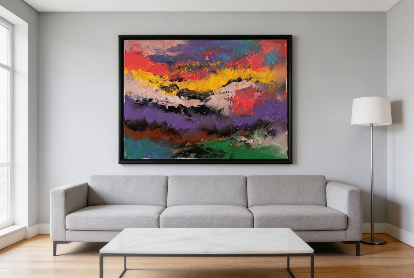 Abstract oil painting with purple, red, and golden yellow mountain landscape