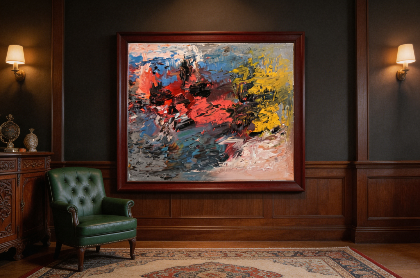 Expressive abstract oil painting with bold red, blue, and yellow brushstrokes