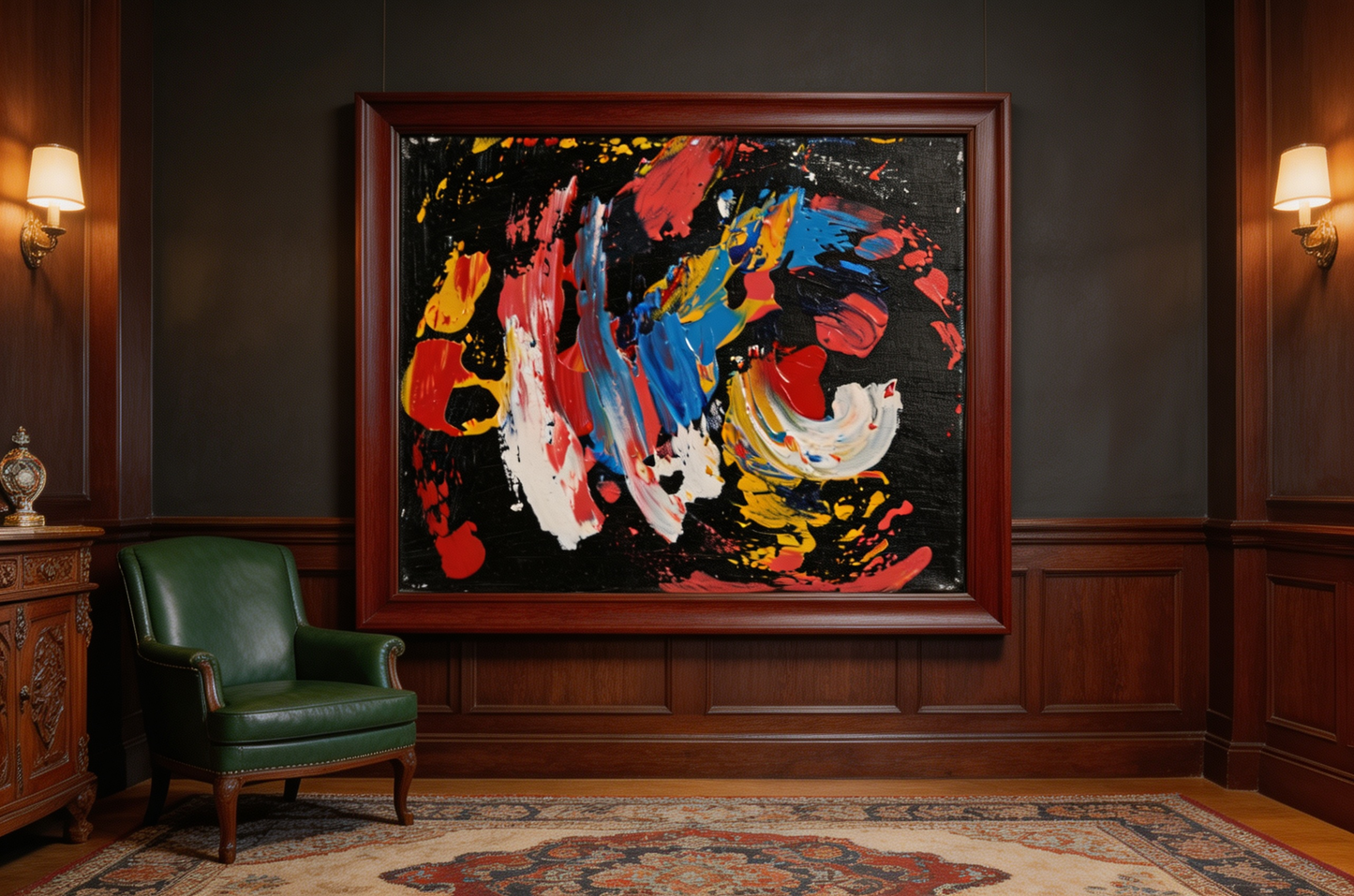 Dramatic abstract oil painting with swirling colors on black background