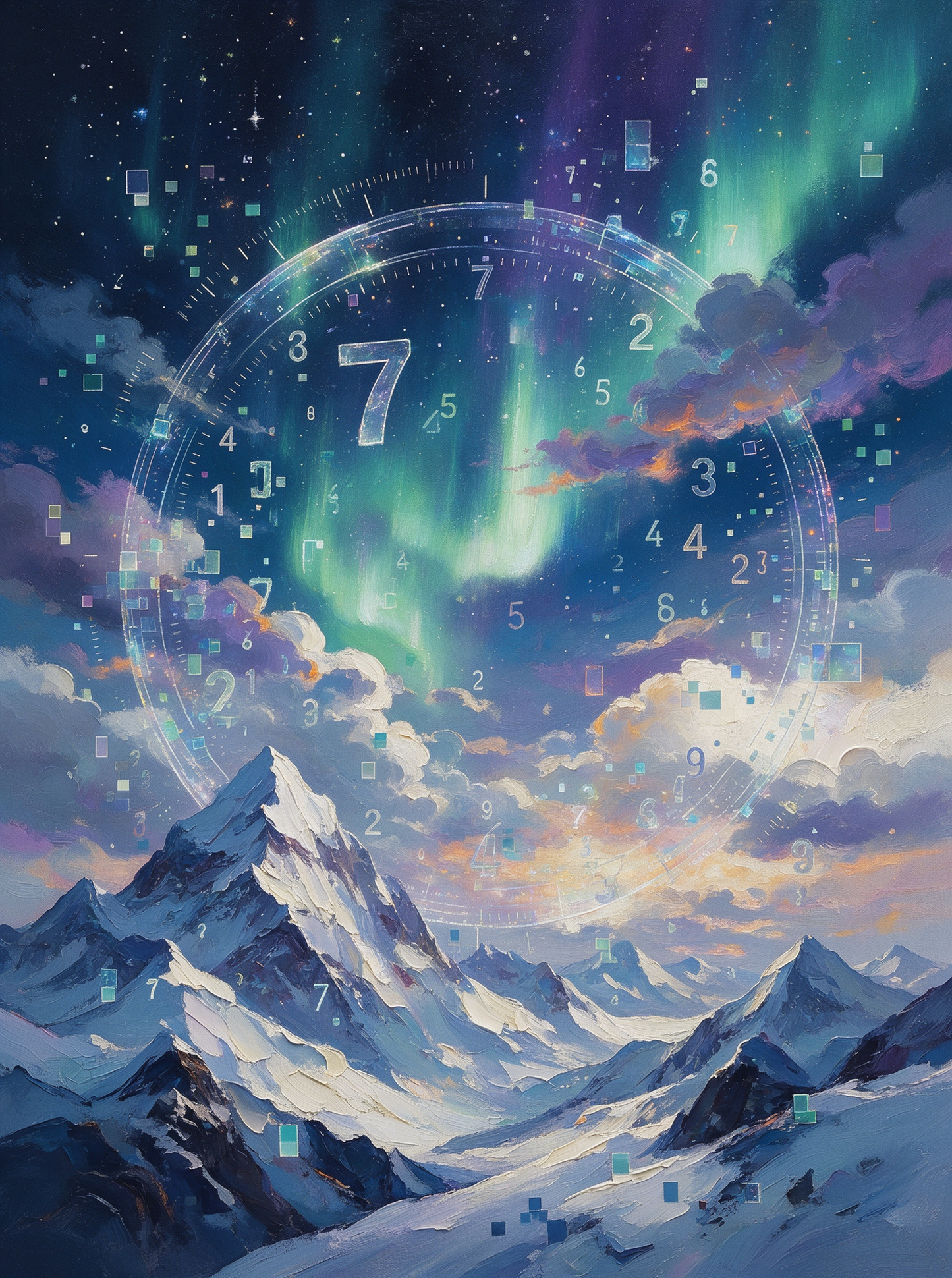 Surreal Aurora Mountain Cosmic Clock Fantasy