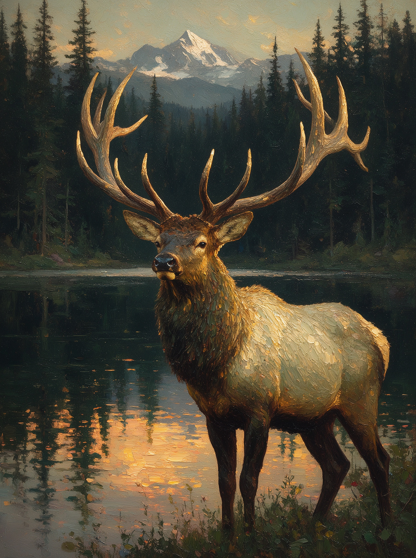 Snowy Mountain Stag Oil Painting