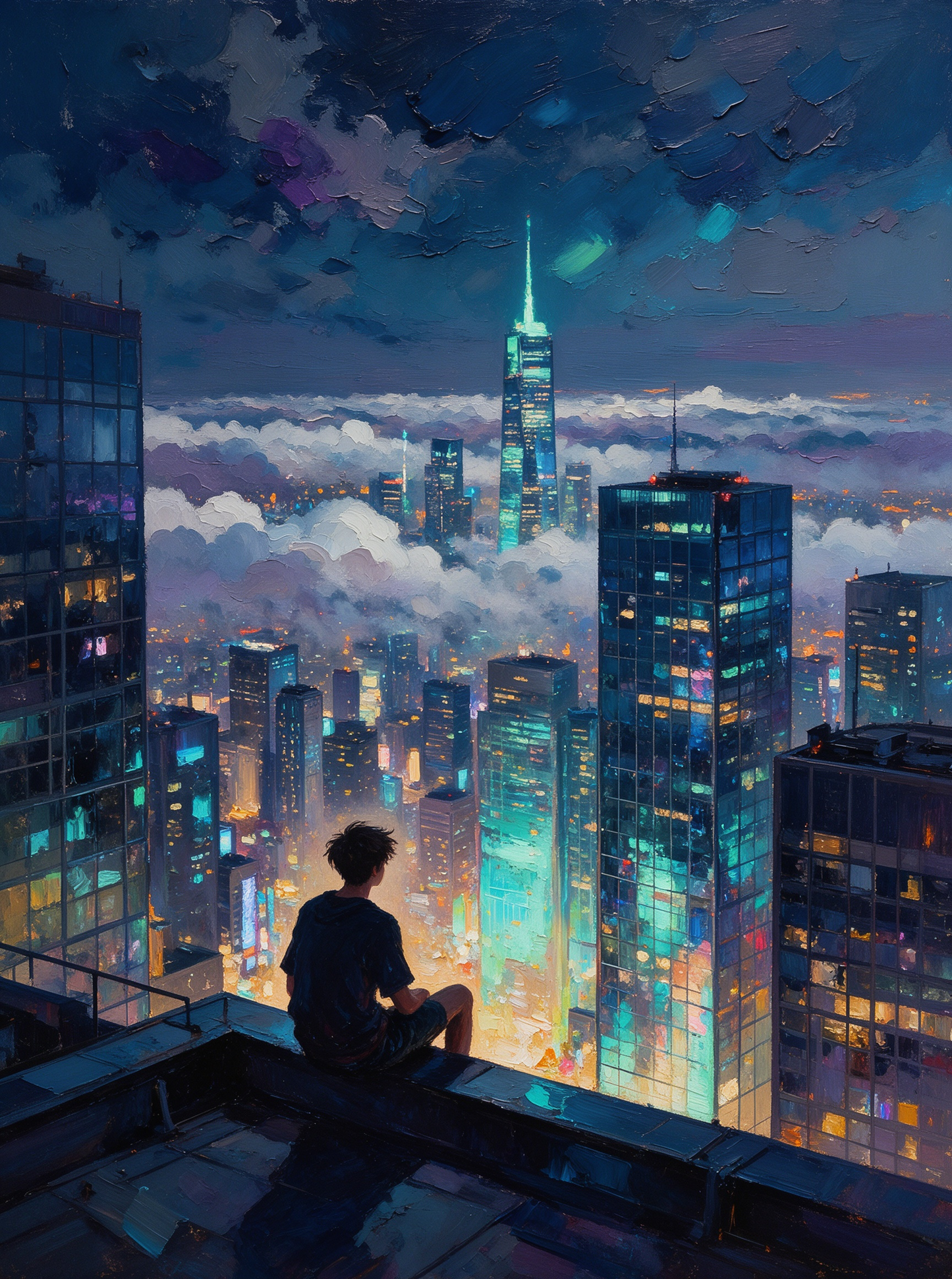Boy On Rooftop Night City Skyline Oil Painting Wall Art