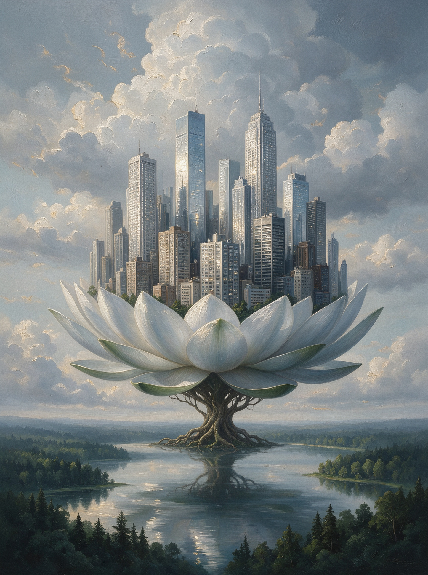 Lotus Flower Skyscraper City Lake Surreal Oil Painting