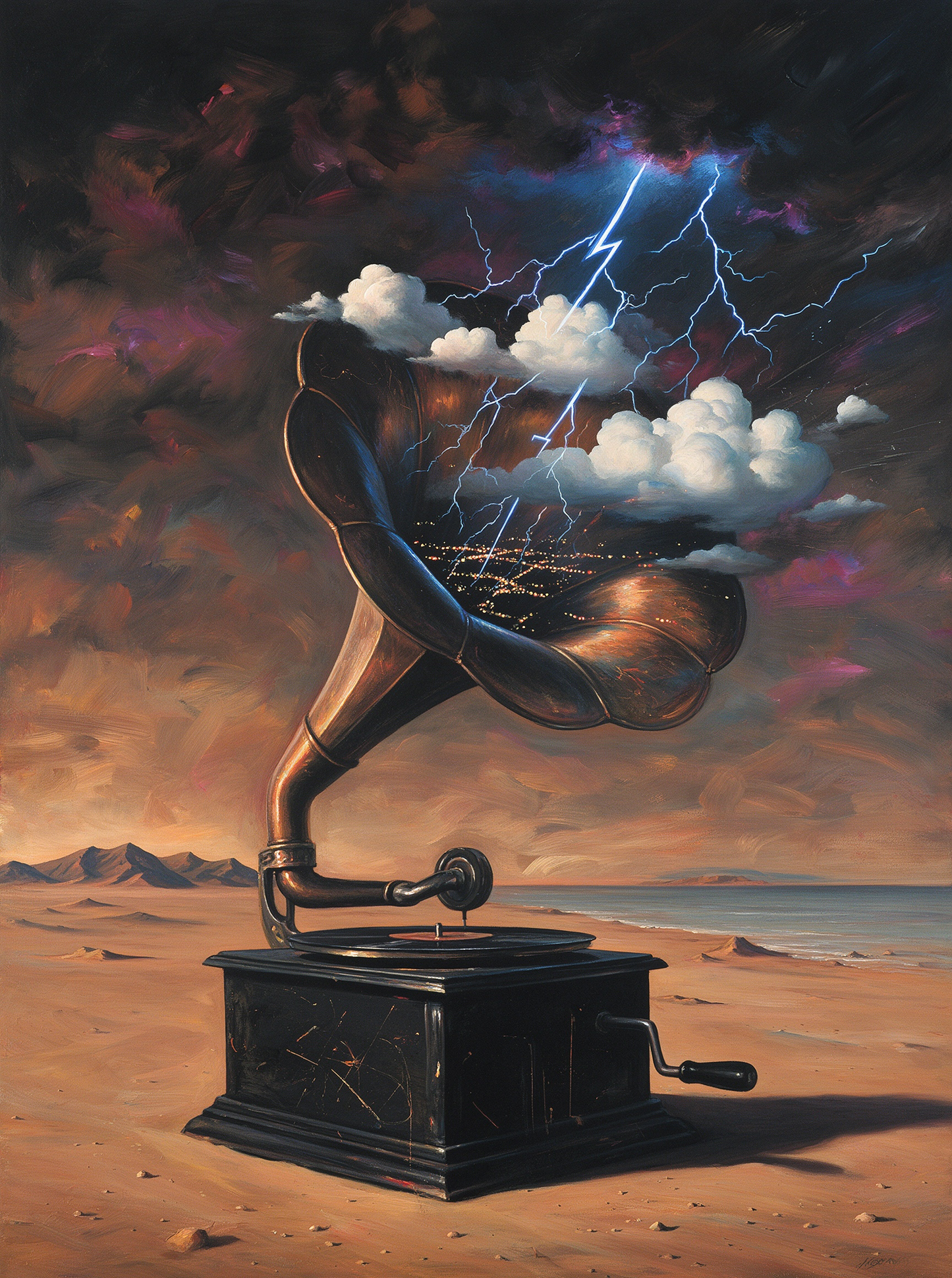 Surreal Gramophone Desert Storm Lightning Oil Painting