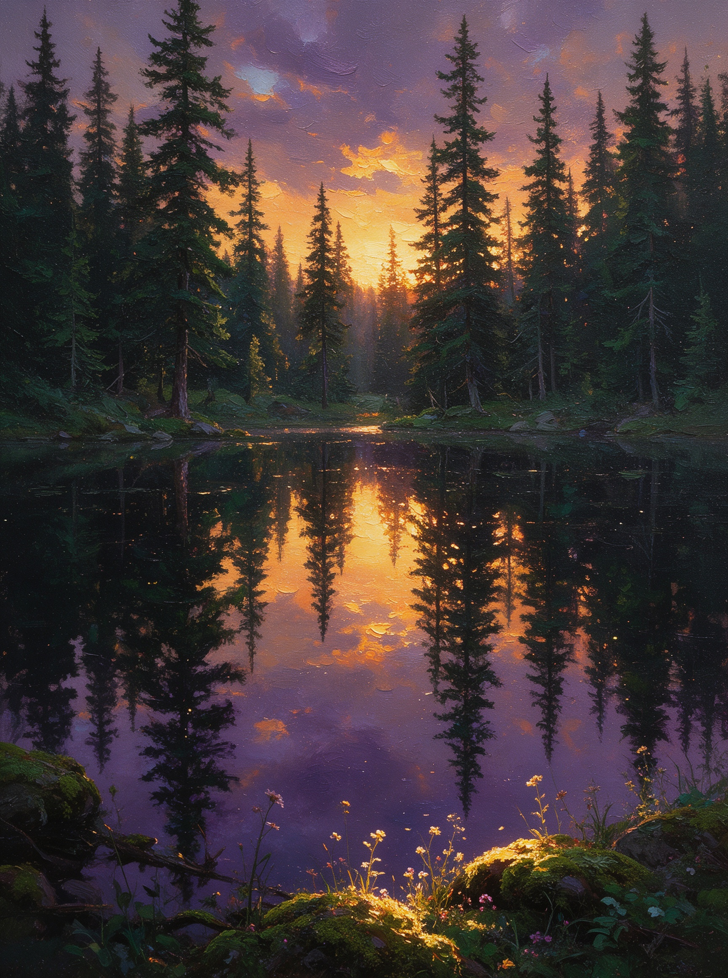 Pine Forest Lake Sunset Landscape