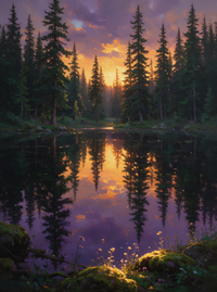 Pine Forest Lake Sunset Landscape