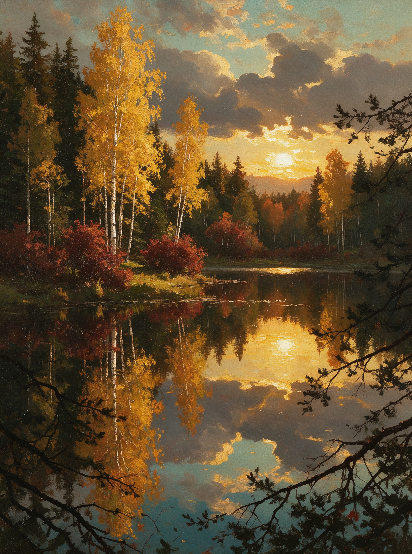 Pine Forest Lake Sunset Landscape