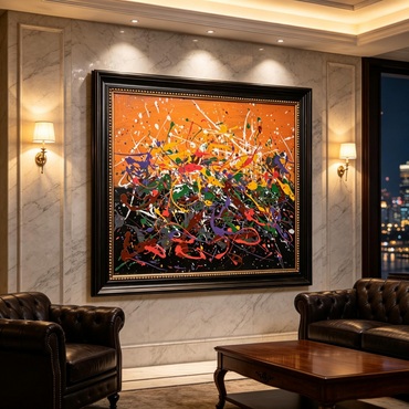 Abstract drip oil painting with multicolor lines over an orange and black split background