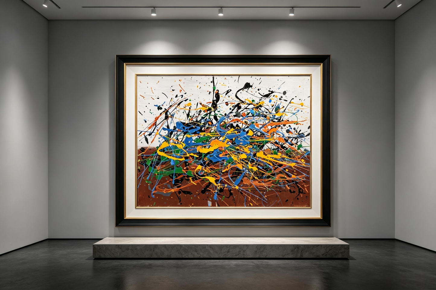 Abstract oil painting with blue loops, orange lines and black drips over a white and brown ground
