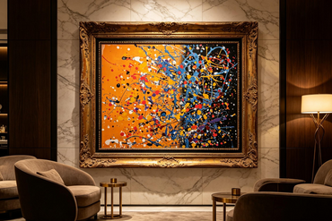 Abstract splatter oil painting with blue arcs and colorful dots on orange and black ground