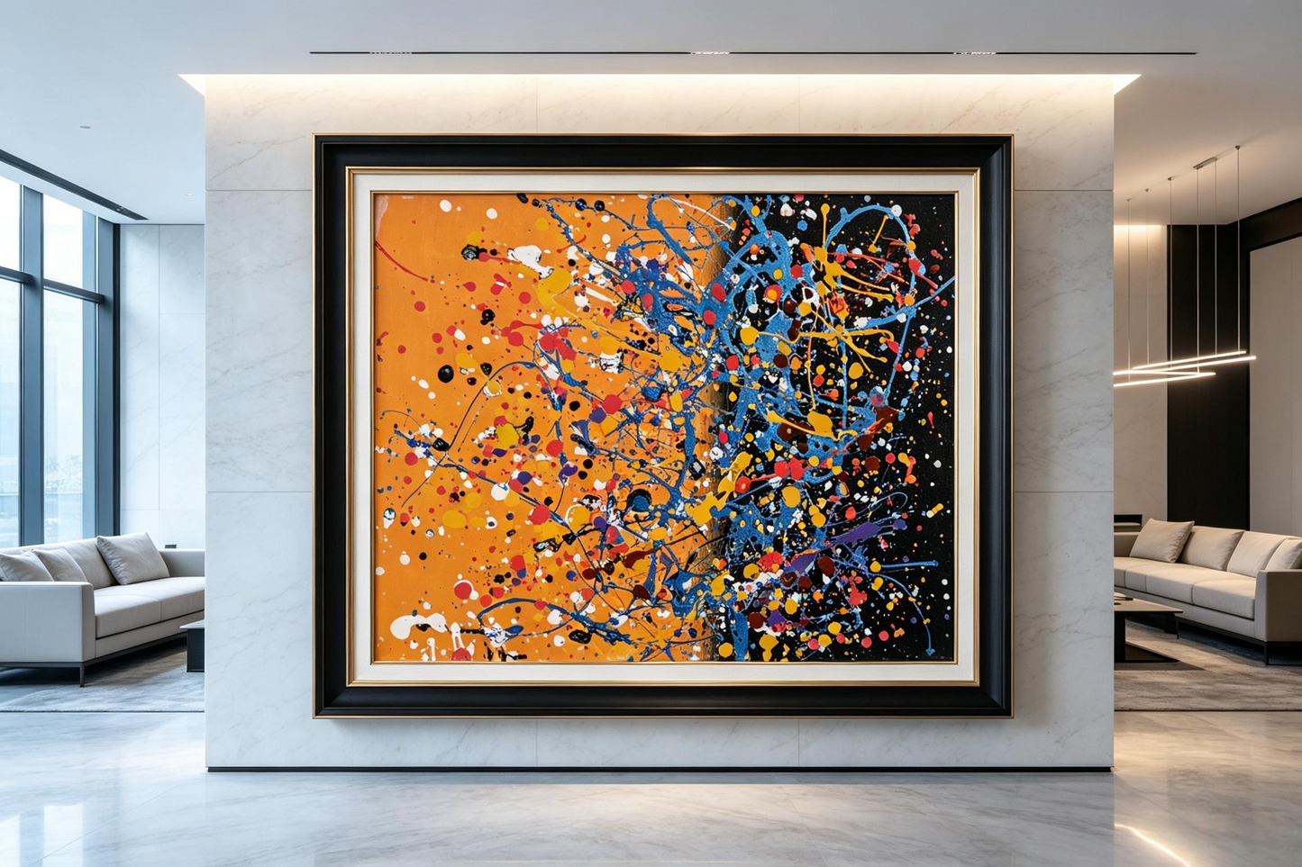 Abstract splatter oil painting with blue arcs and colorful dots on orange and black ground