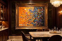 Abstract splatter oil painting with blue arcs and colorful dots on orange and black ground