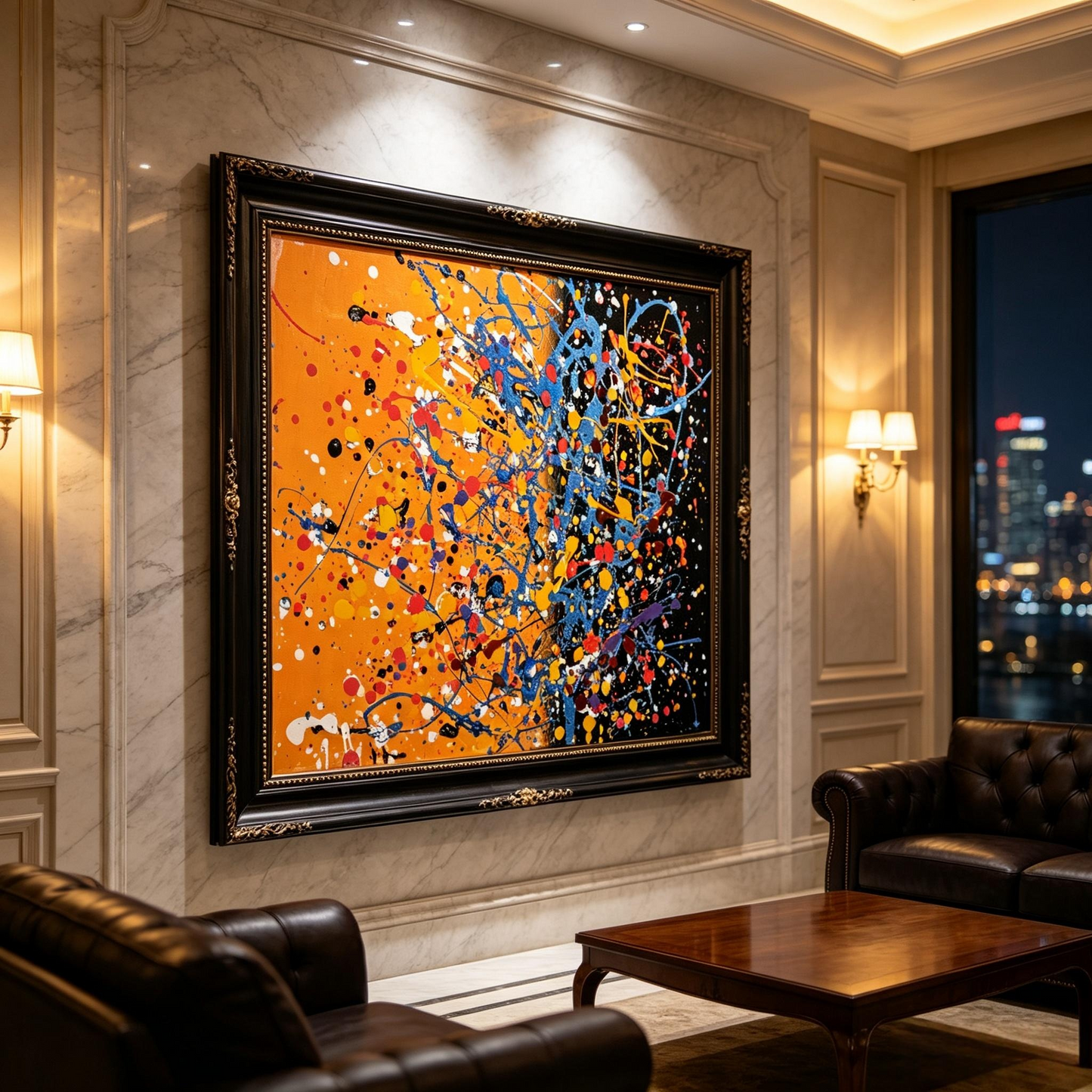 Abstract splatter oil painting with blue arcs and colorful dots on orange and black ground