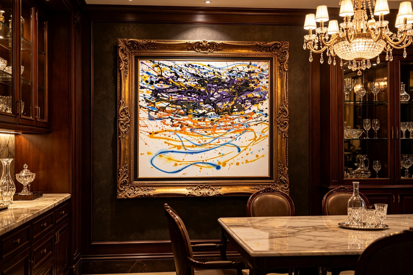 Abstract oil painting with colorful paint splashes and flowing lines on white ground