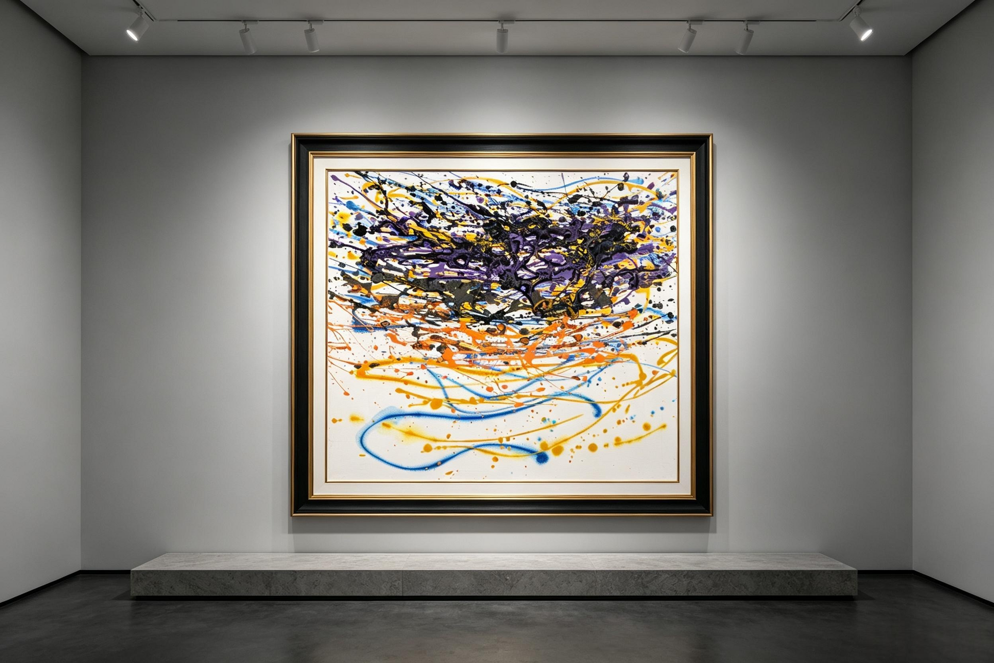 Abstract oil painting with colorful paint splashes and flowing lines on white ground