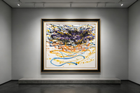 Abstract oil painting with colorful paint splashes and flowing lines on white ground