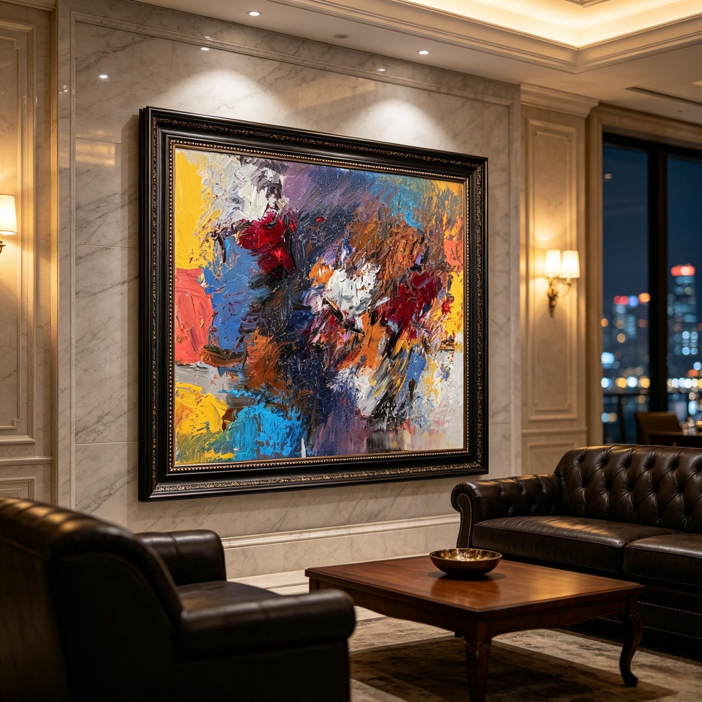 Textured abstract oil painting with deep red, yellow, blue and orange thick strokes