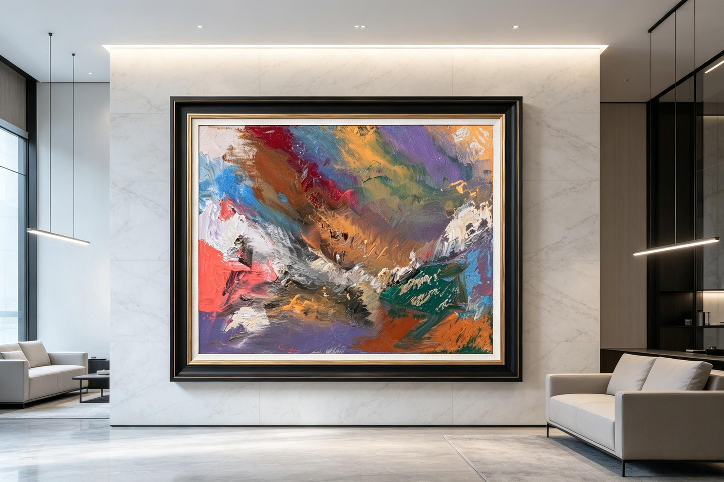 Soft abstract oil painting with blended violet, blue, orange, pink and green washes
