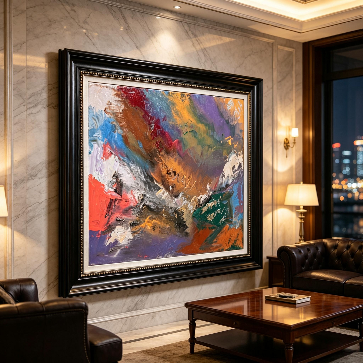 Soft abstract oil painting with blended violet, blue, orange, pink and green washes